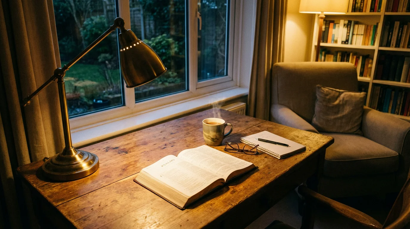 A calm evening study space with an open Bible and notes under a warm lamp.