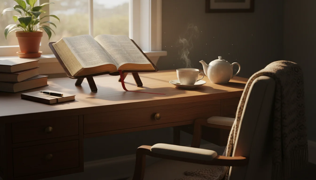 A peaceful study desk by a sunlit window with a Bible, notebook, and tea.