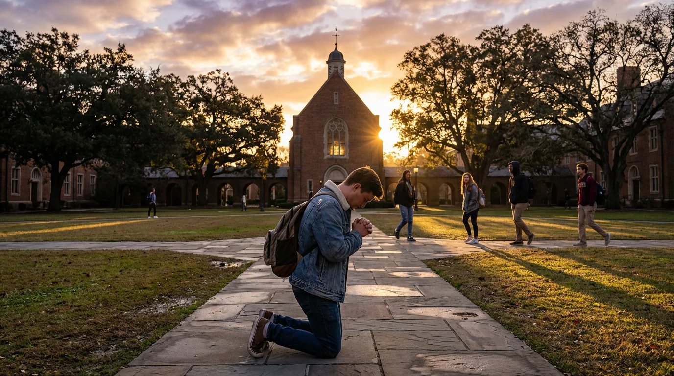 Student pausing in quiet prayer on campus at sunrise.