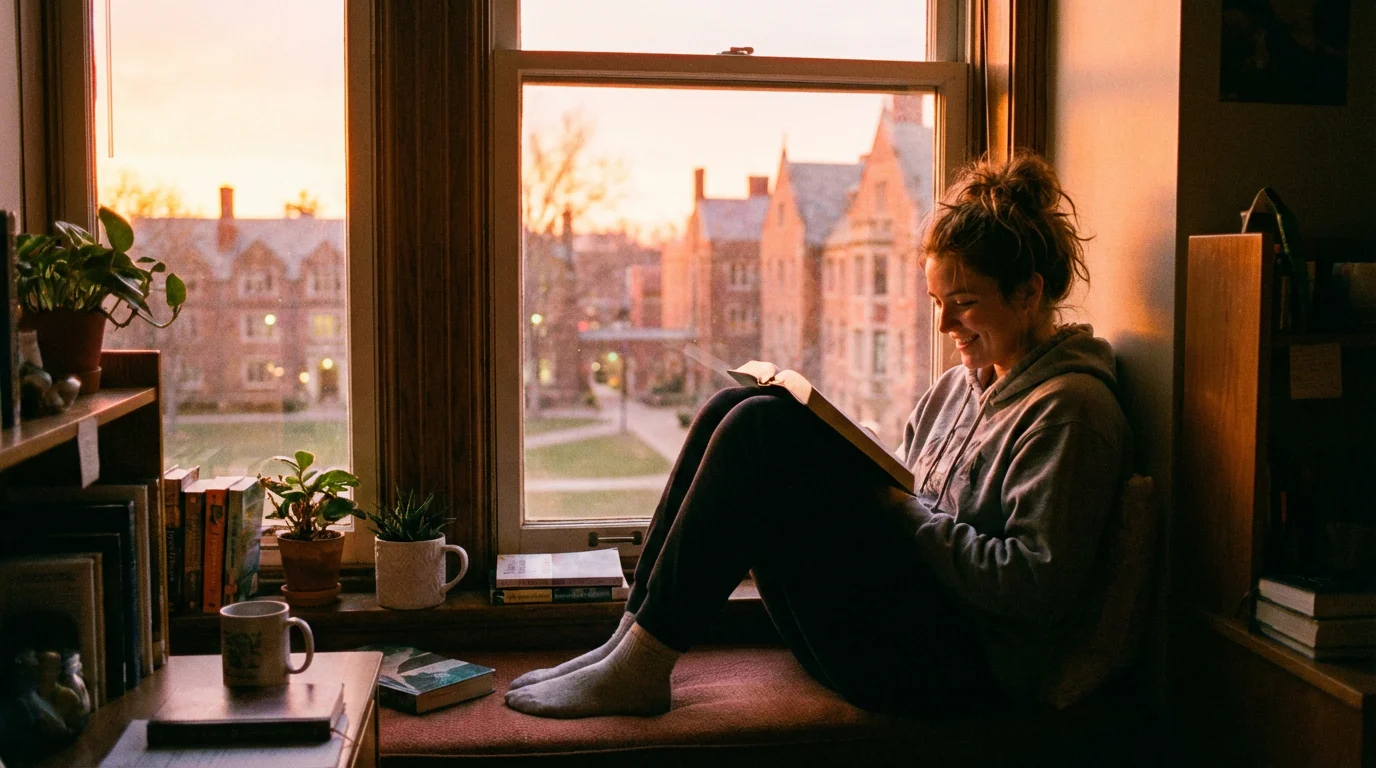 Student reading an open Bible by a dorm window at sunrise.