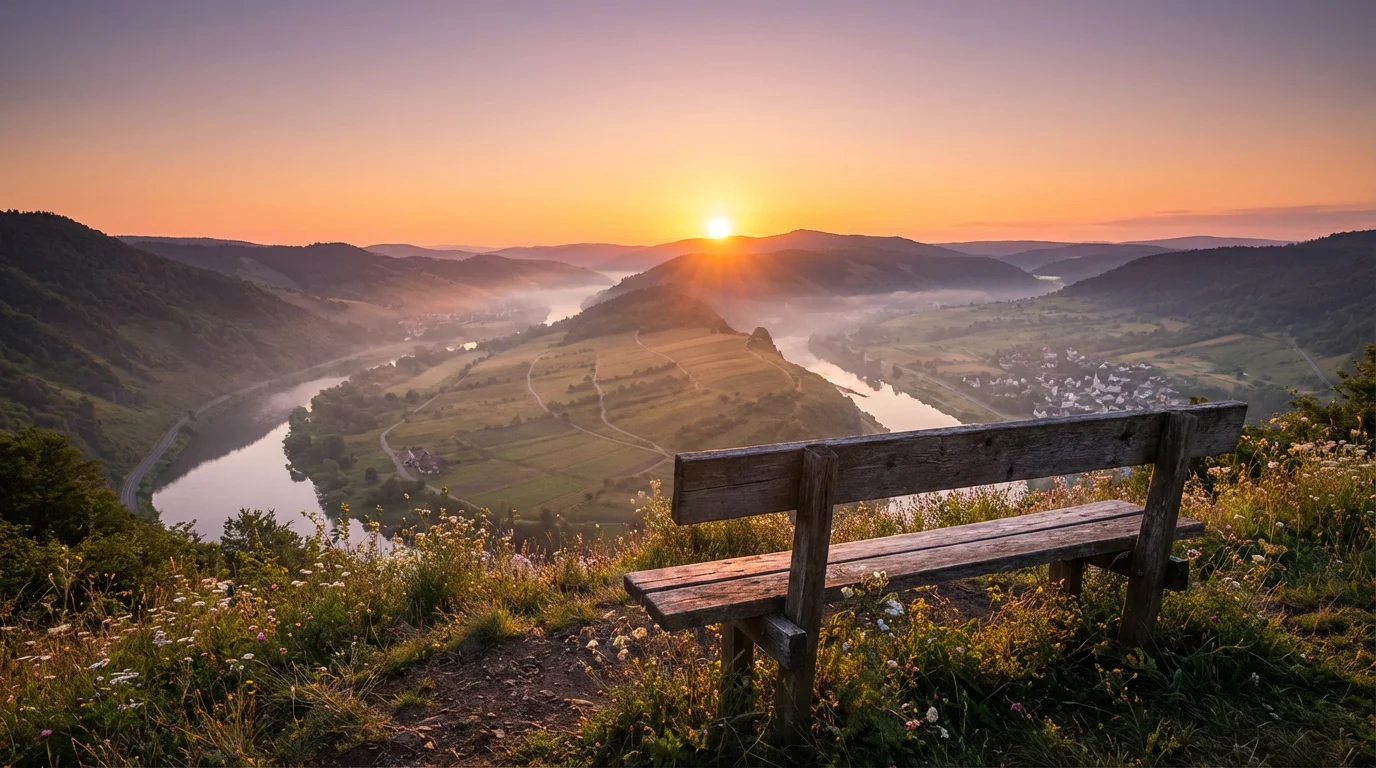 A sunrise view from a quiet bench overlooking a peaceful valley.