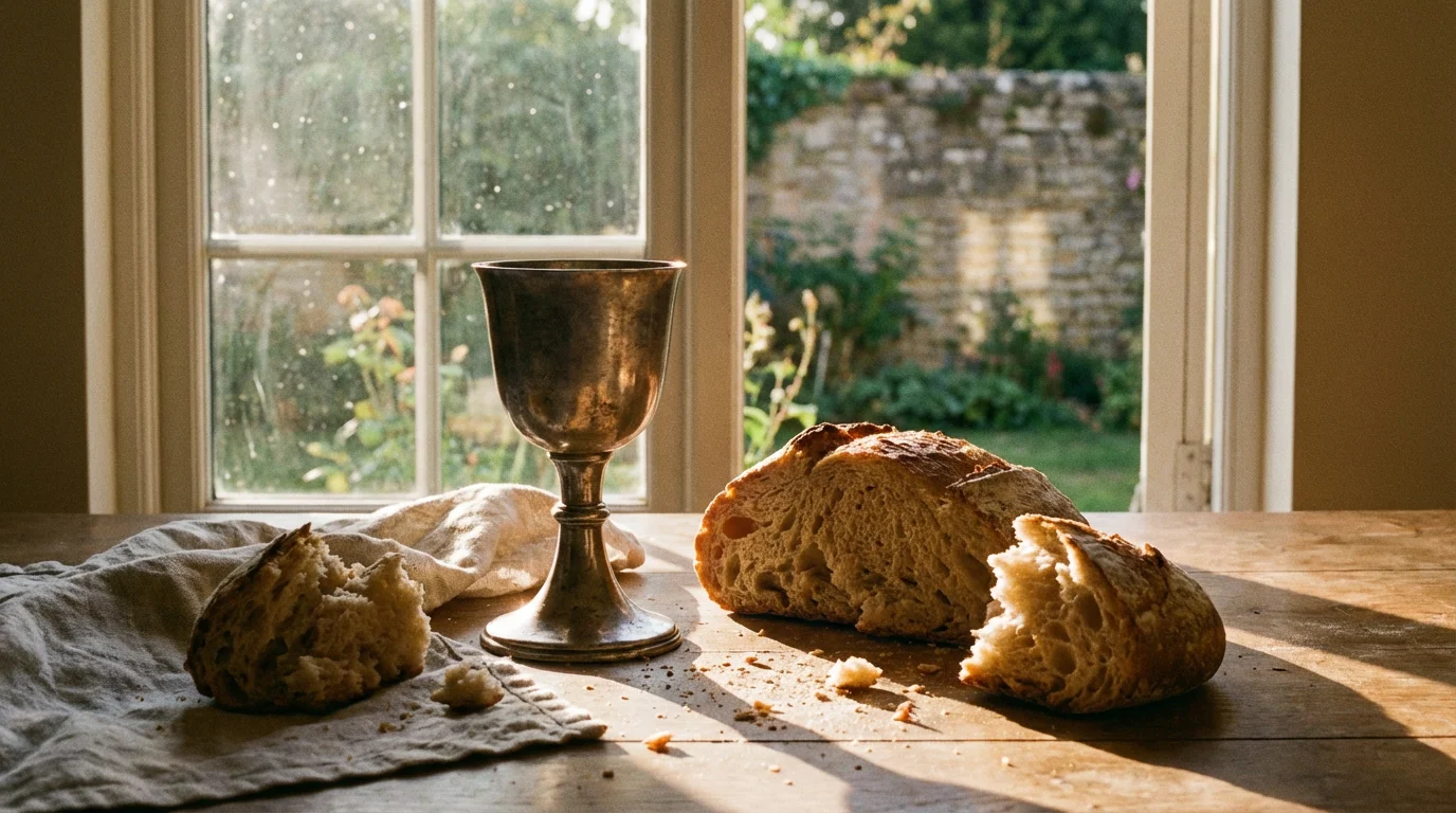 A chalice and hand-torn bread on a wooden table in soft morning light.