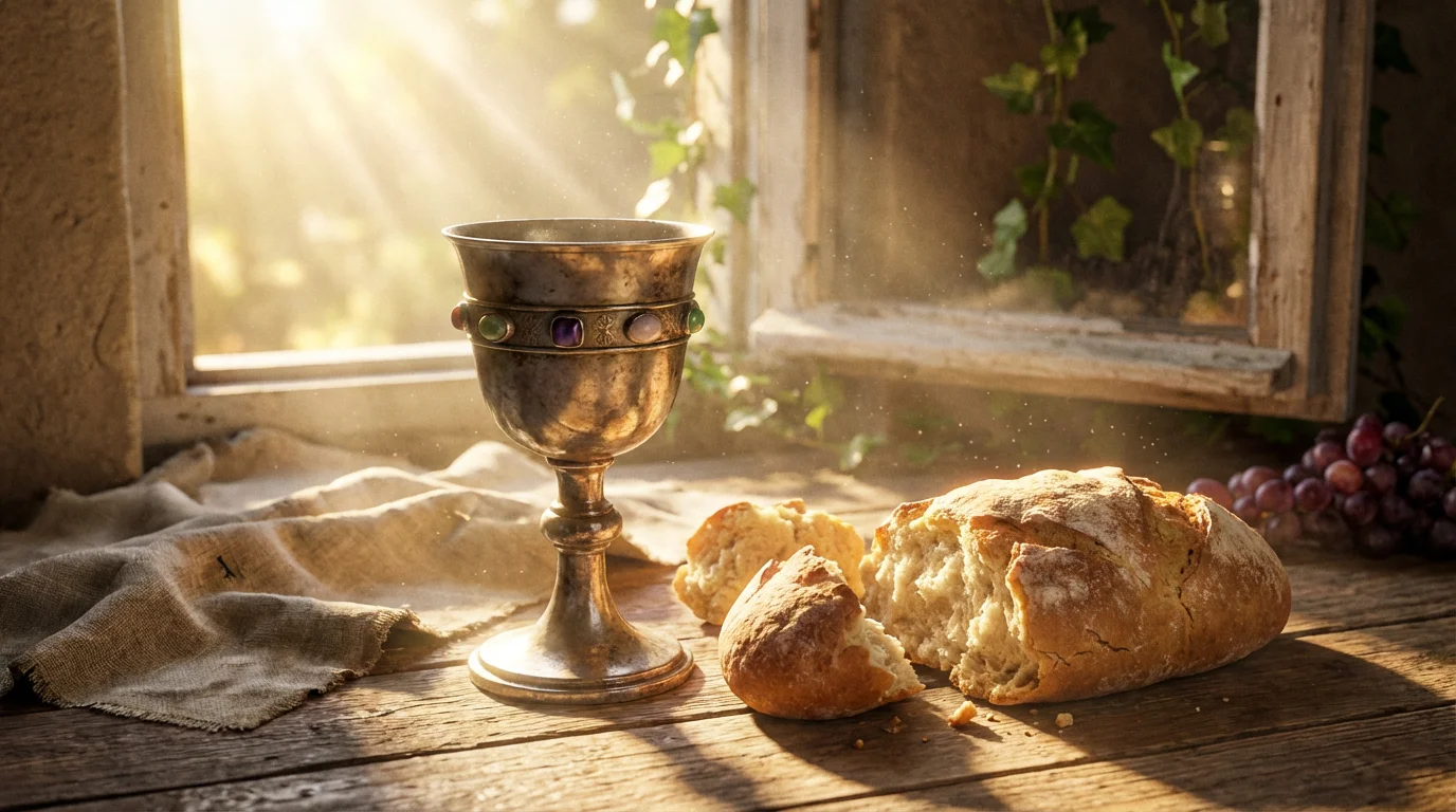 Sunlight shines on a chalice and loaf of bread on a simple communion table.