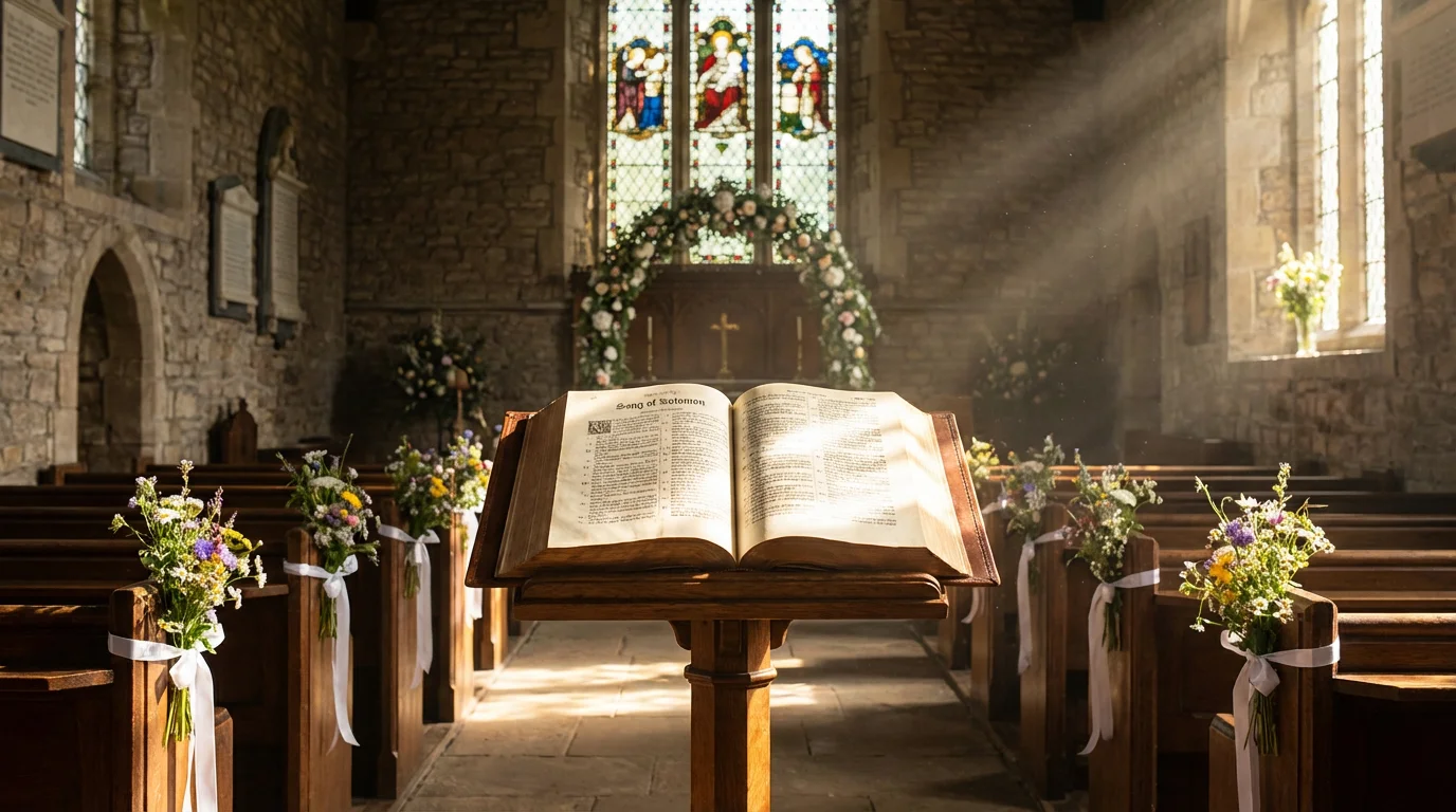 Sunlit chapel with an open Bible before a wedding ceremony.