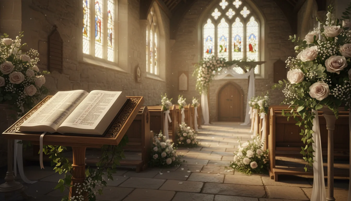 Sunlit chapel with an open Bible and simple floral accents before a wedding.