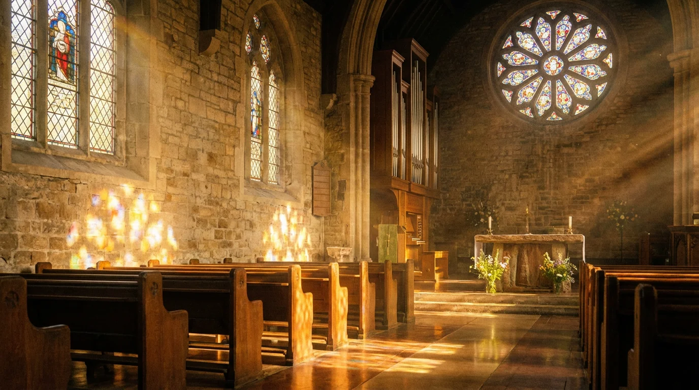 Sunlight fills a quiet church sanctuary, conveying peace and hope.