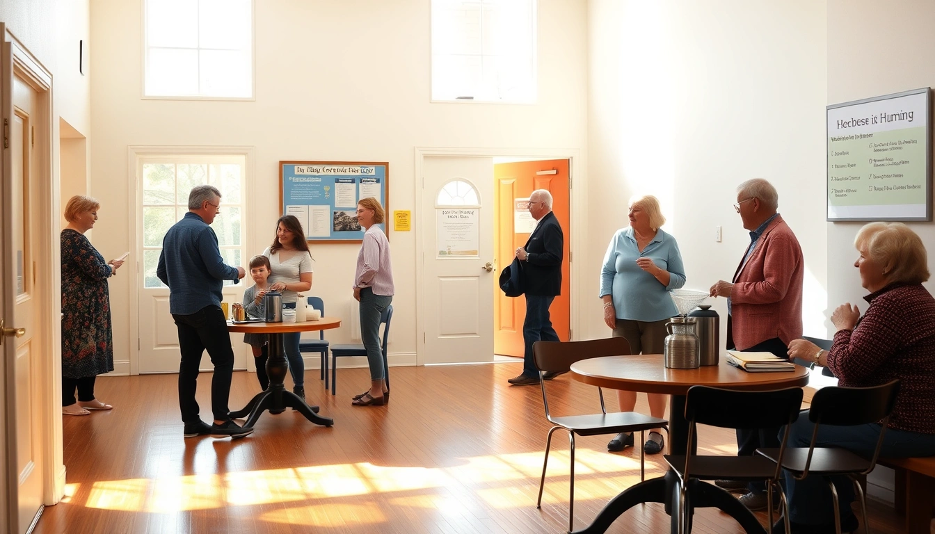 A warm church foyer where people greet one another on Sunday.
