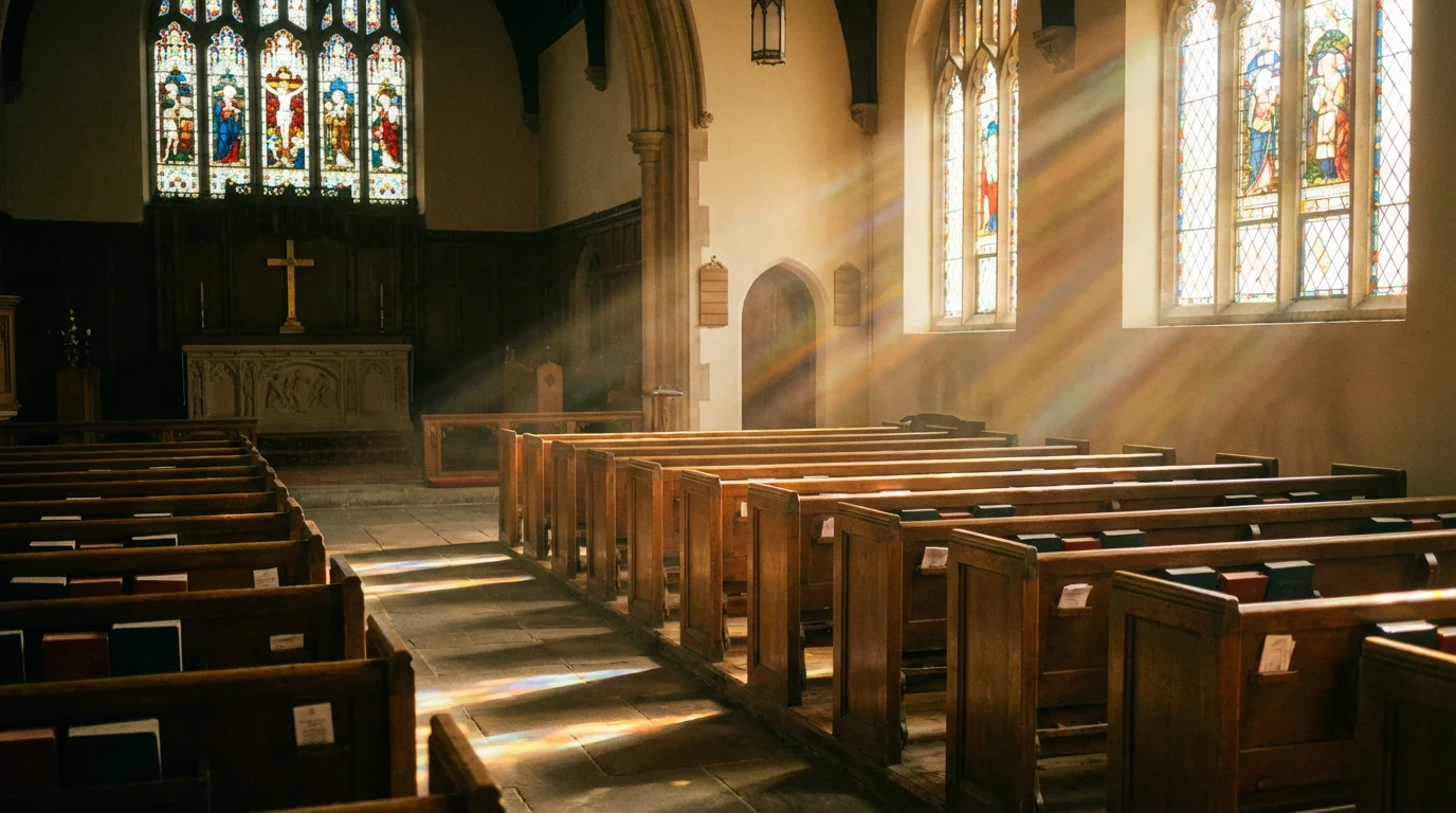 Sunlit church pews in a quiet sanctuary, warm and inviting.