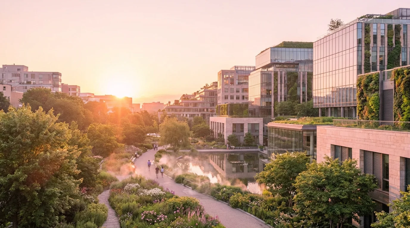 A radiant city and restored garden bathed in gentle dawn light.