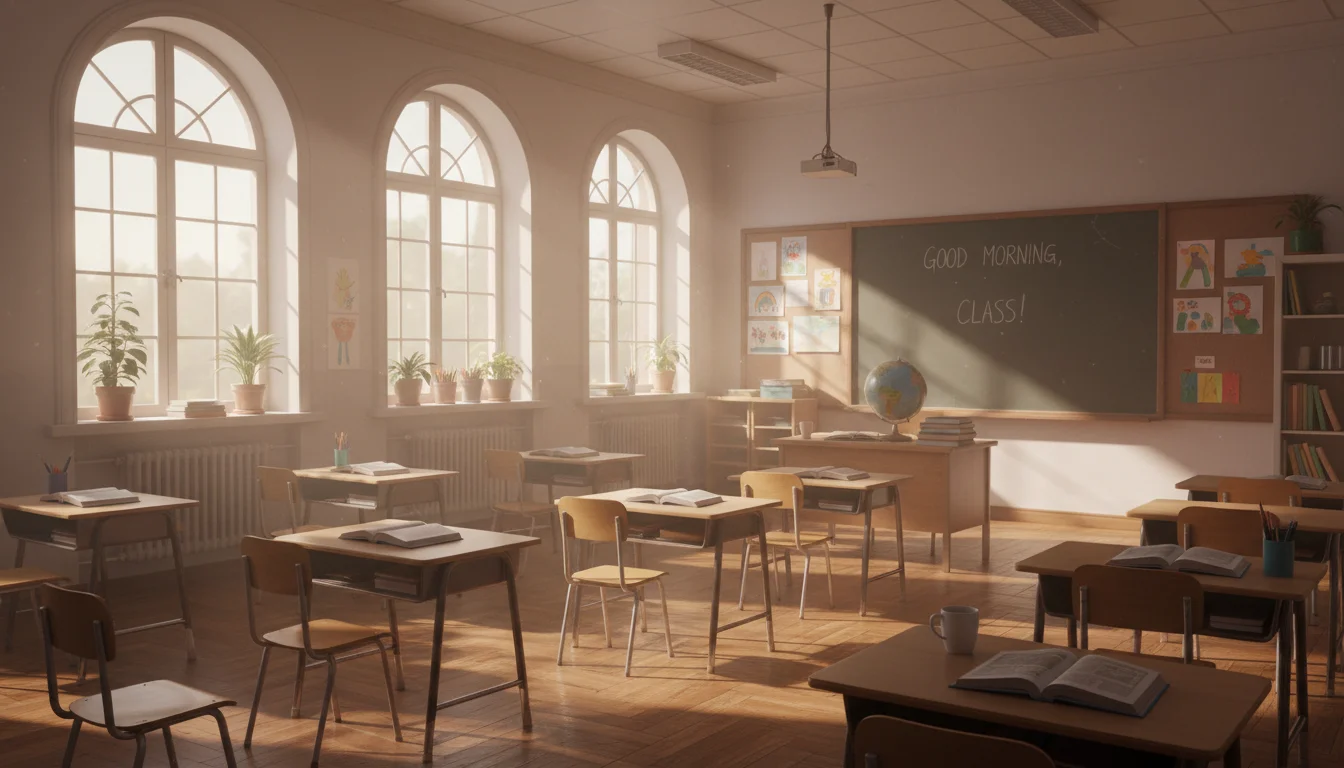 A peaceful classroom in morning light set for a hopeful school day.