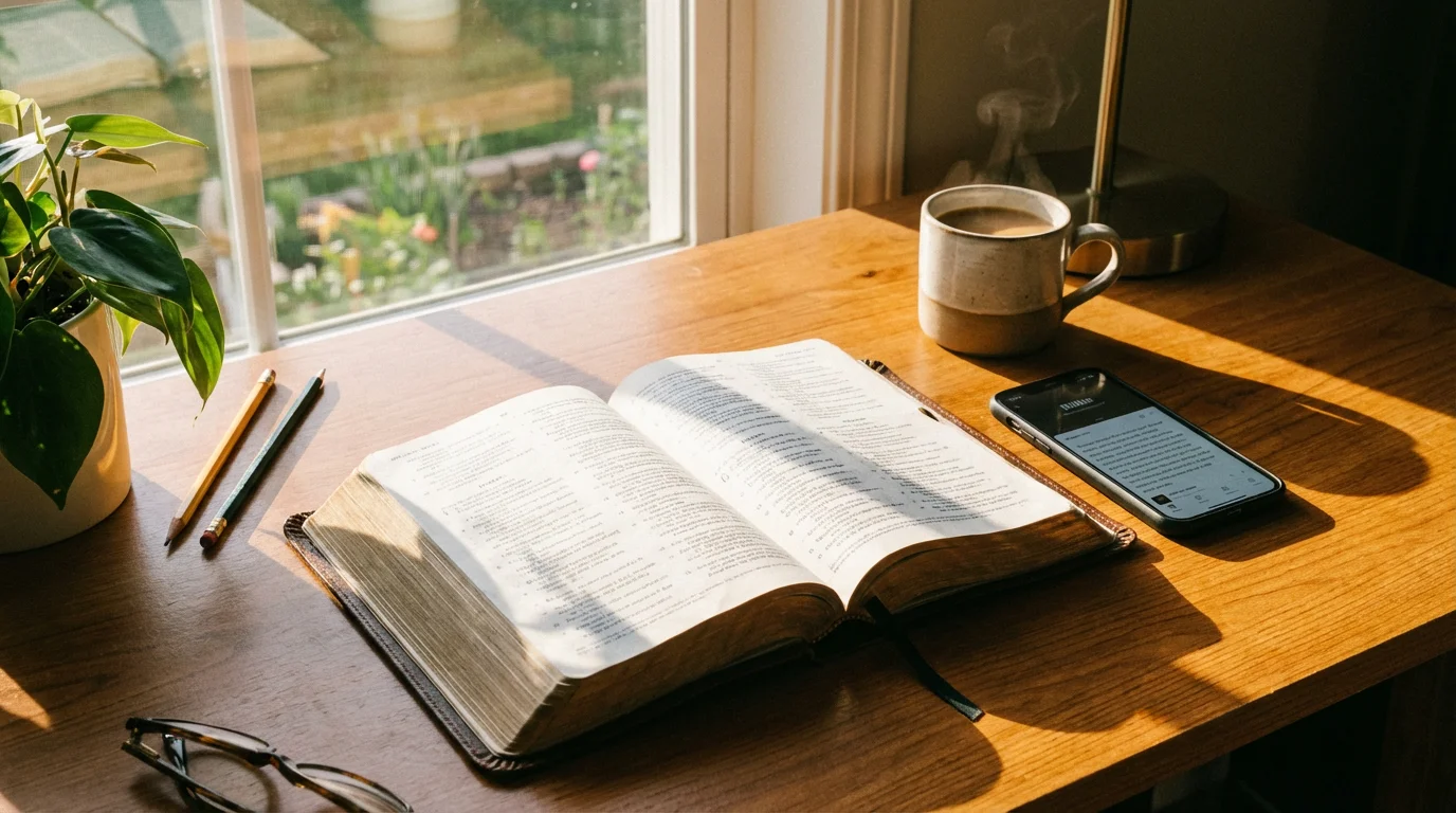 A sunlit desk with an open Bible, a phone, and a steaming mug.