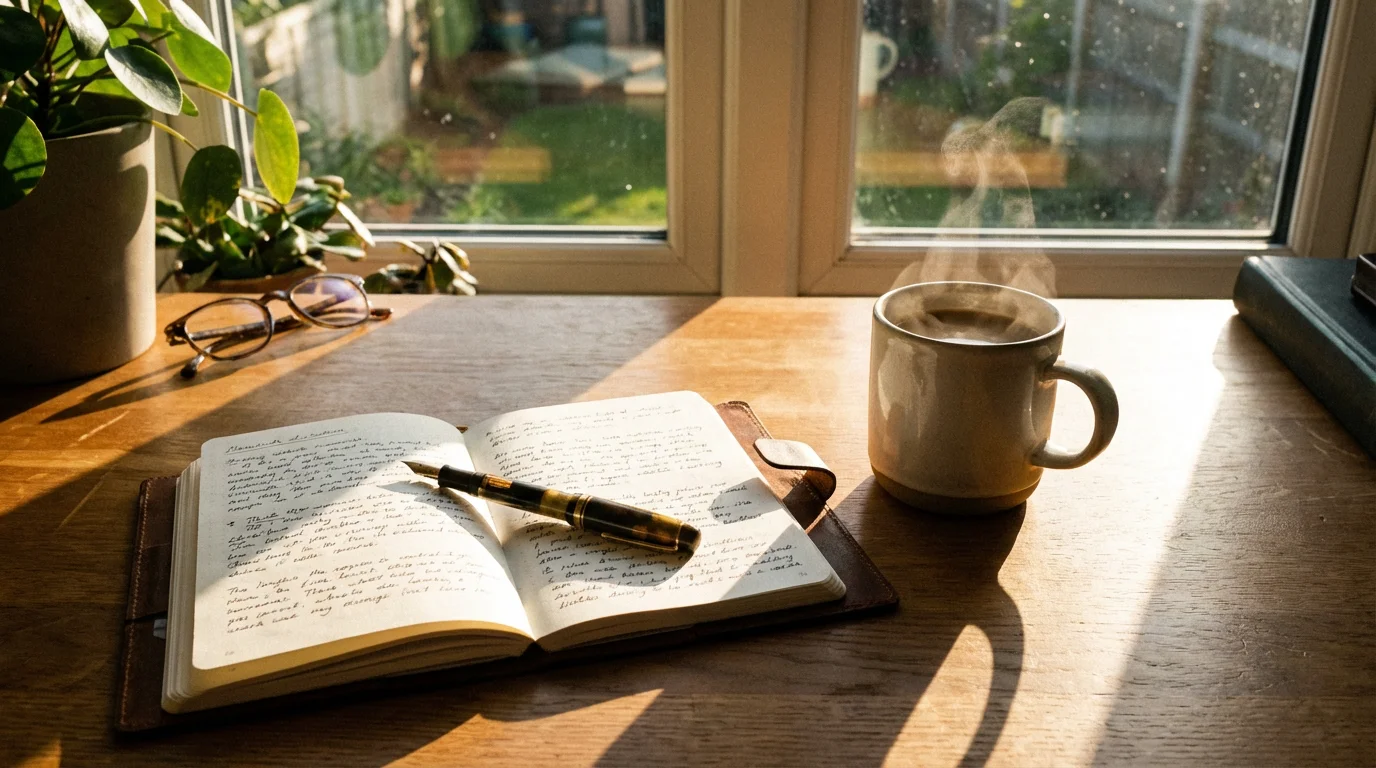 A calm sunlit desk with an open notebook, pen, and coffee, ready for thoughtful work.