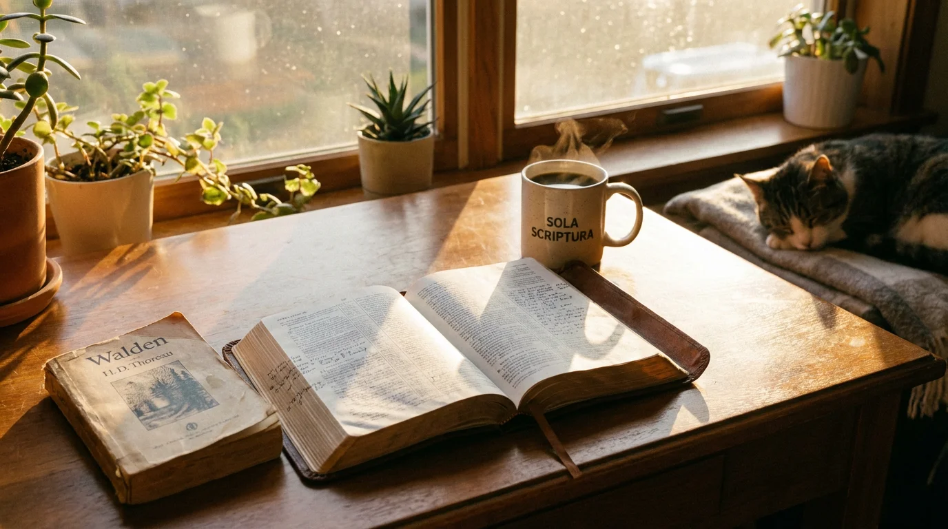 A sunlit desk with an open Bible, a classic book, and a warm mug inviting unhurried reading.