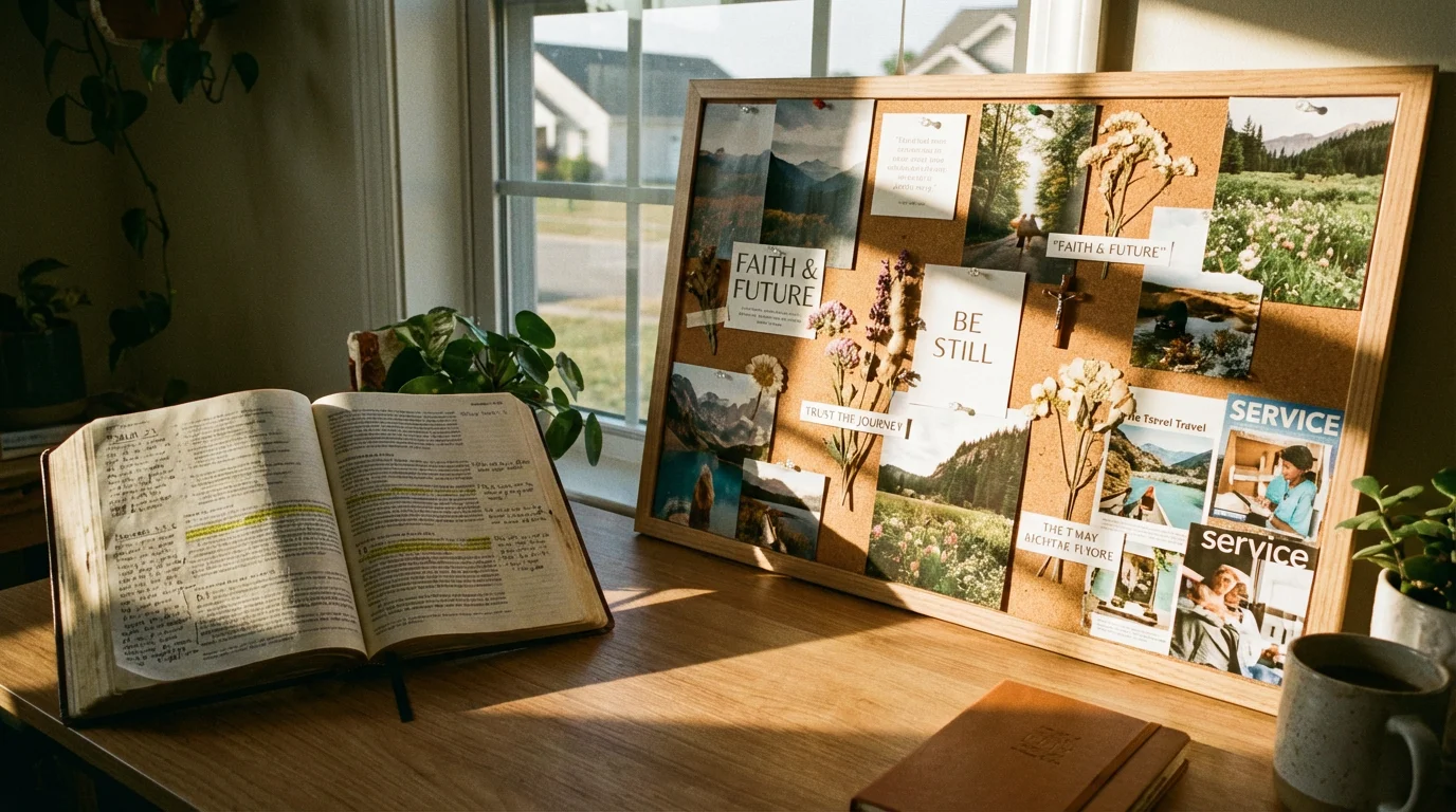 A calm, sunlit desk with an open Bible and a simple vision board.