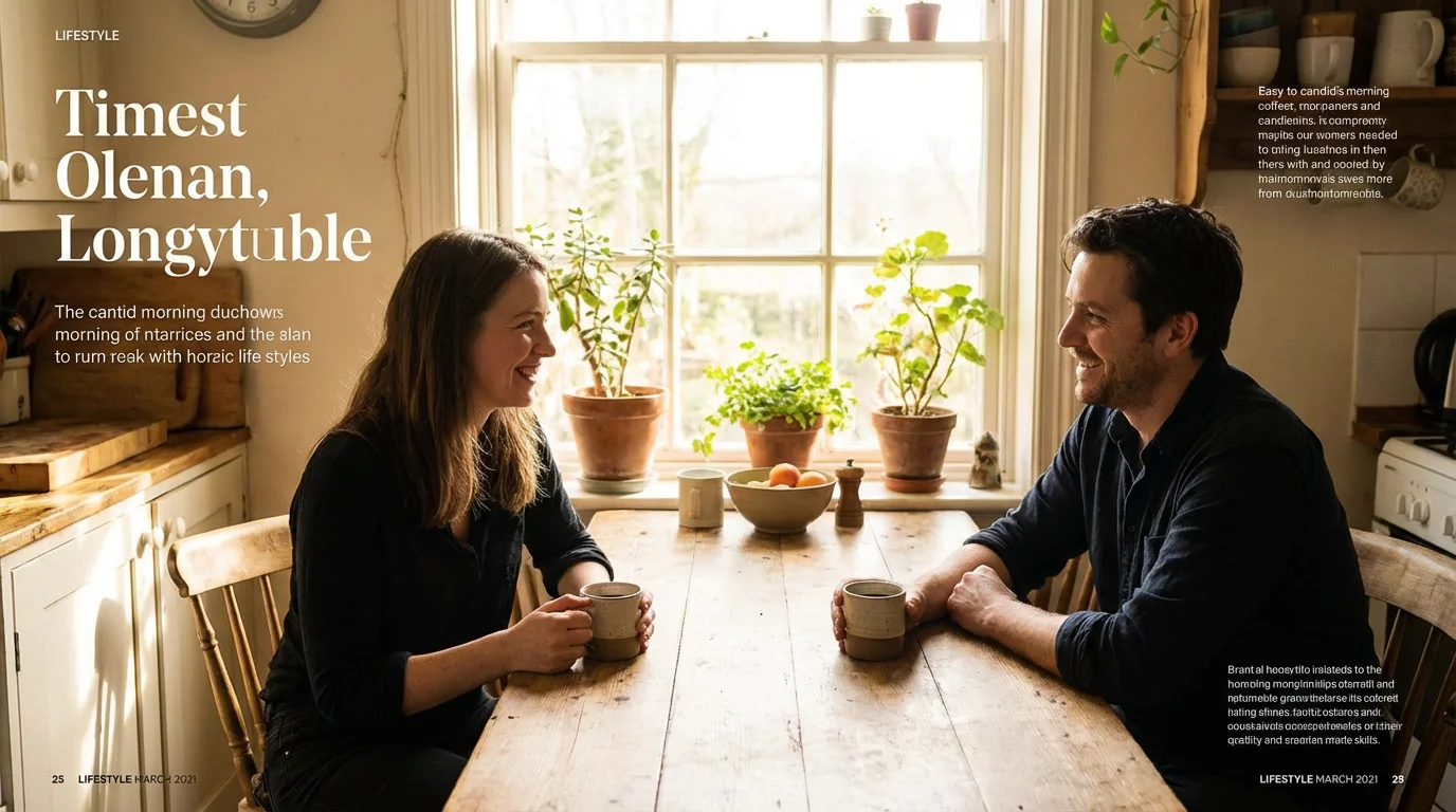 A couple shares coffee in a sunlit kitchen, enjoying quiet companionship.