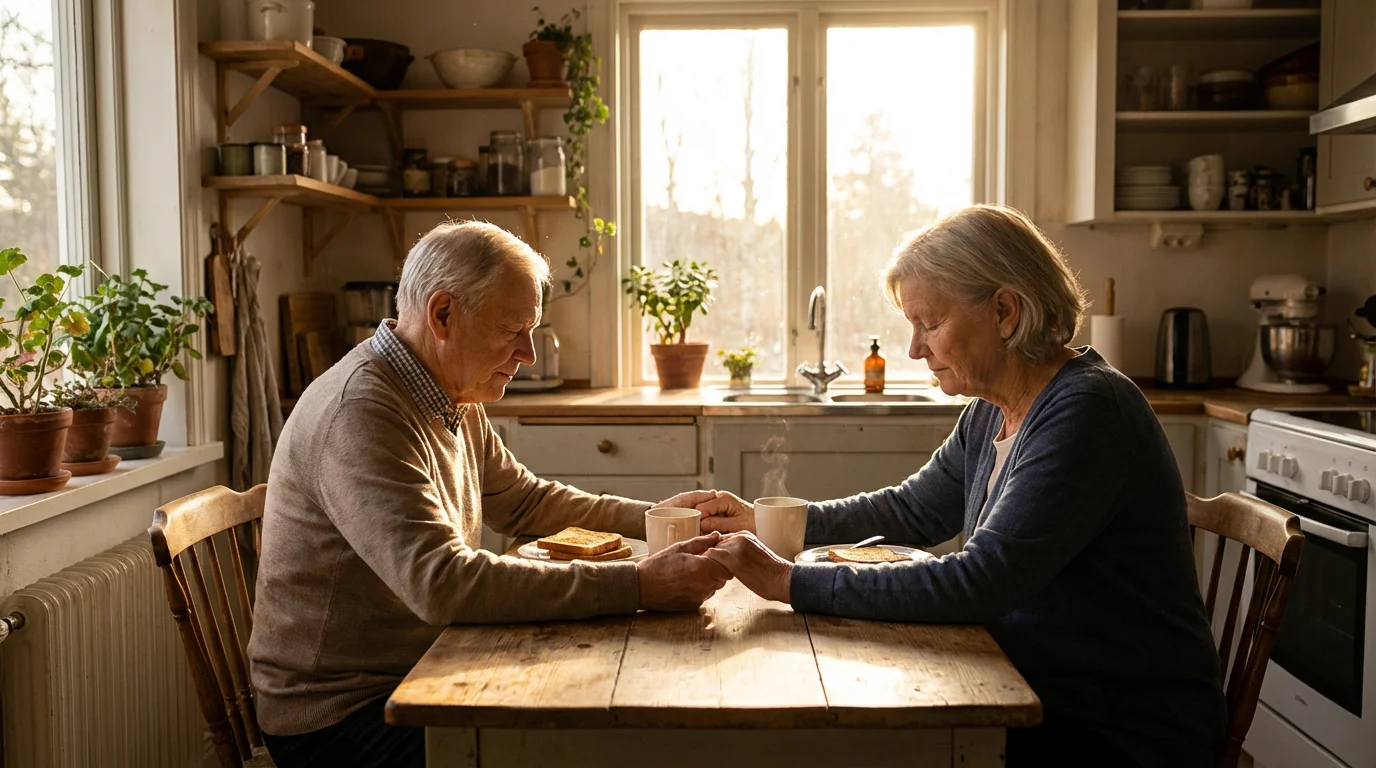 A couple prays together at a sunlit kitchen table, sharing a quiet moment of unity.