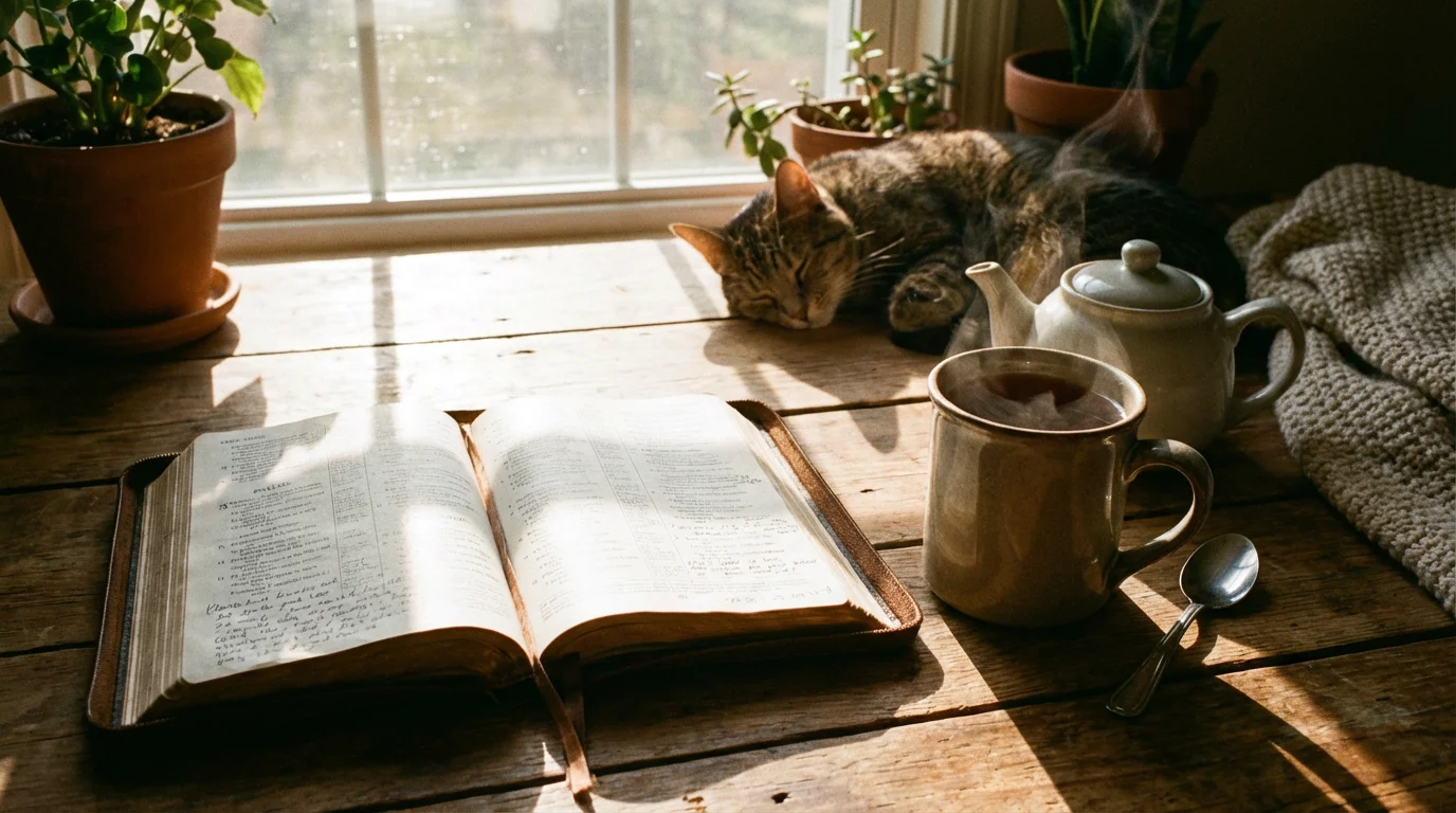 Sunlit table with an open Bible and a warm cup of tea.