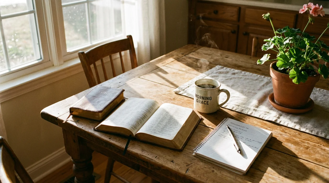 A sunlit kitchen table with an open Bible, a steaming mug, and a notepad.