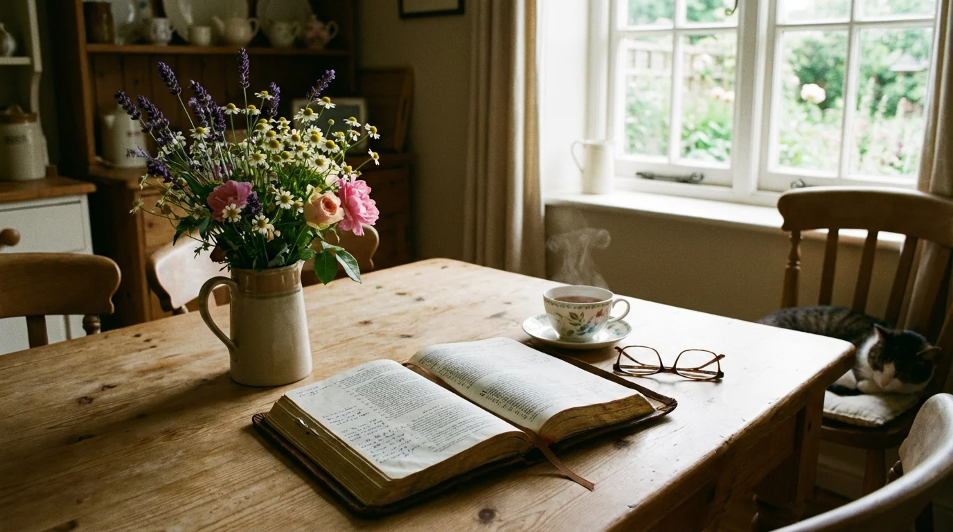 A peaceful kitchen table with a Mother’s Day card, flowers, and an open Bible.