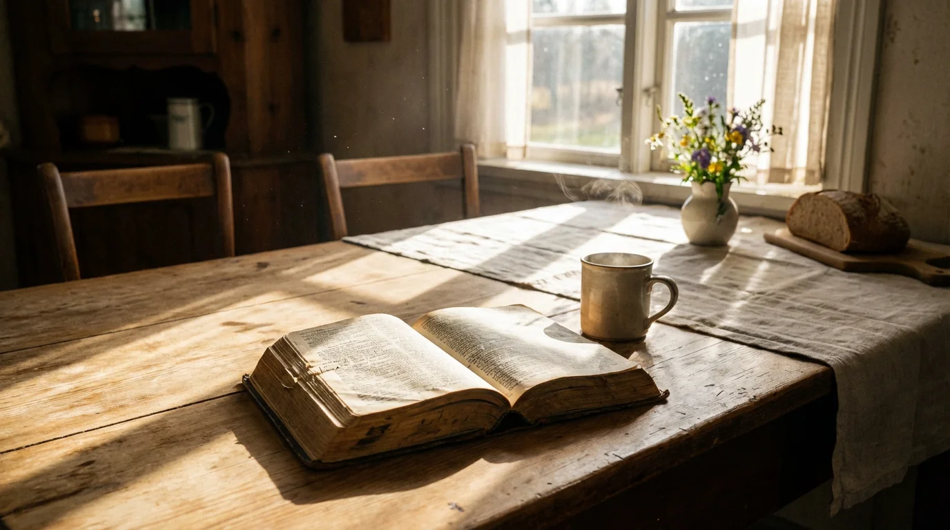Sunlit kitchen table with an open Bible and a steaming mug.