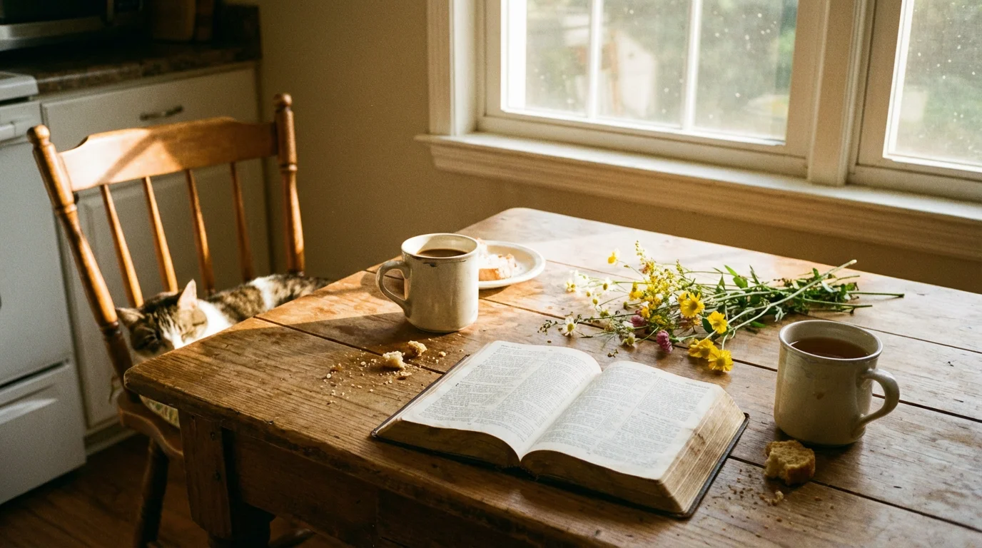 A sunlit kitchen table with an open Bible and two mugs invites a calm, hopeful start to the day.