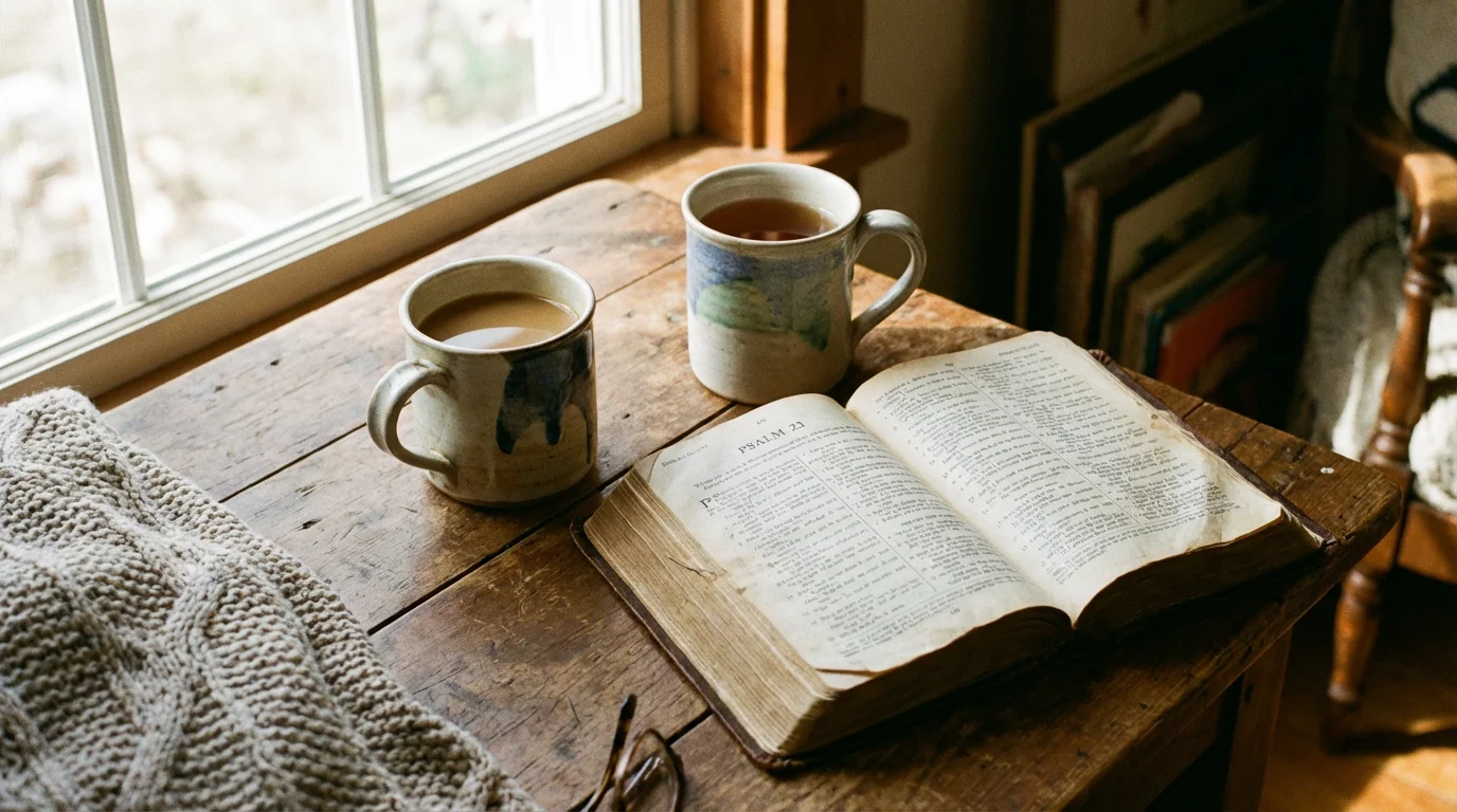 Two mugs and an open Bible on a sunlit kitchen table suggest a shared morning rhythm.