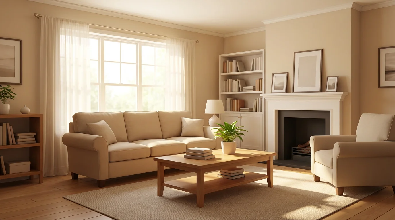 A sunlit, tidy living room prepared for a house showing.