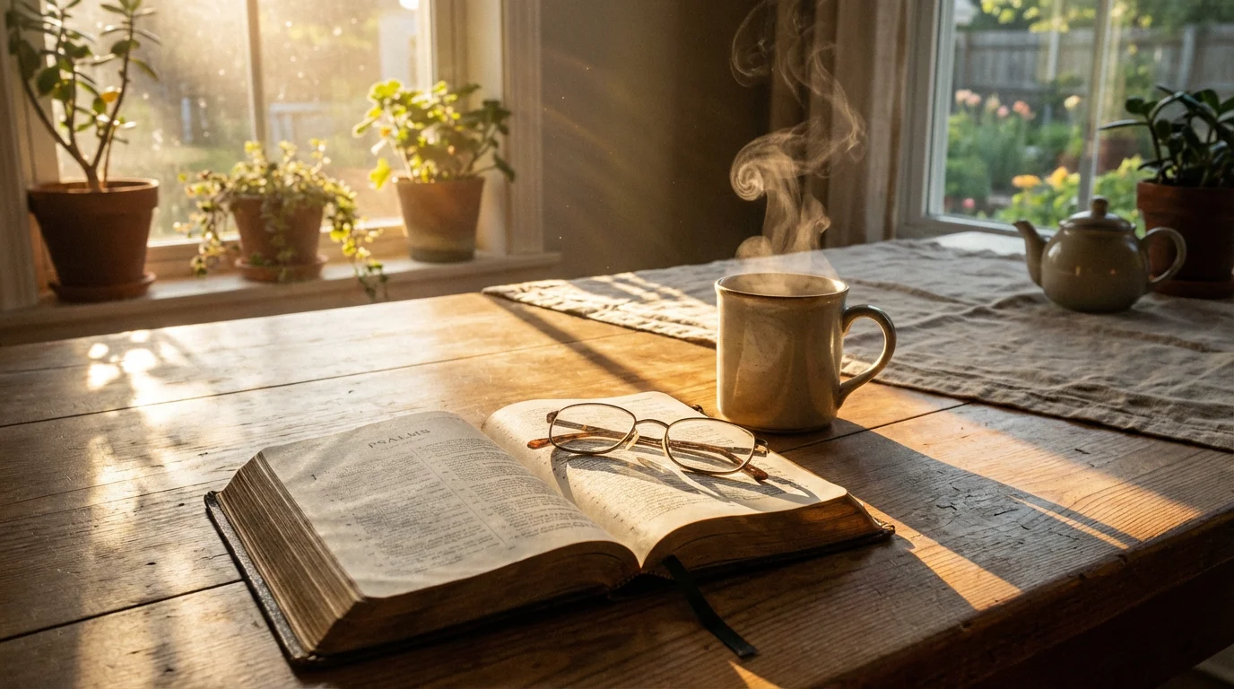 A sunlit table with an open Bible and a steaming mug, inviting rest.