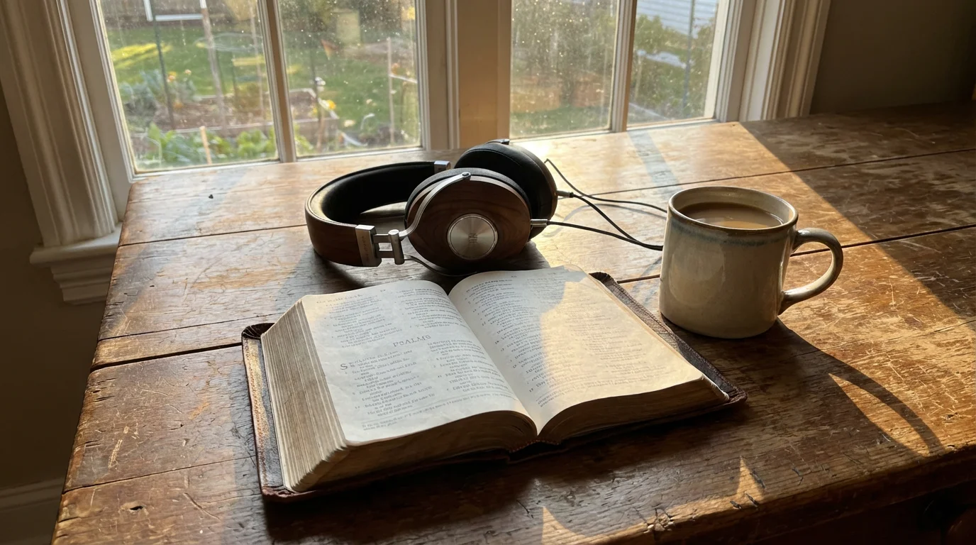 Morning light over an open Bible and headphones on a wooden table.