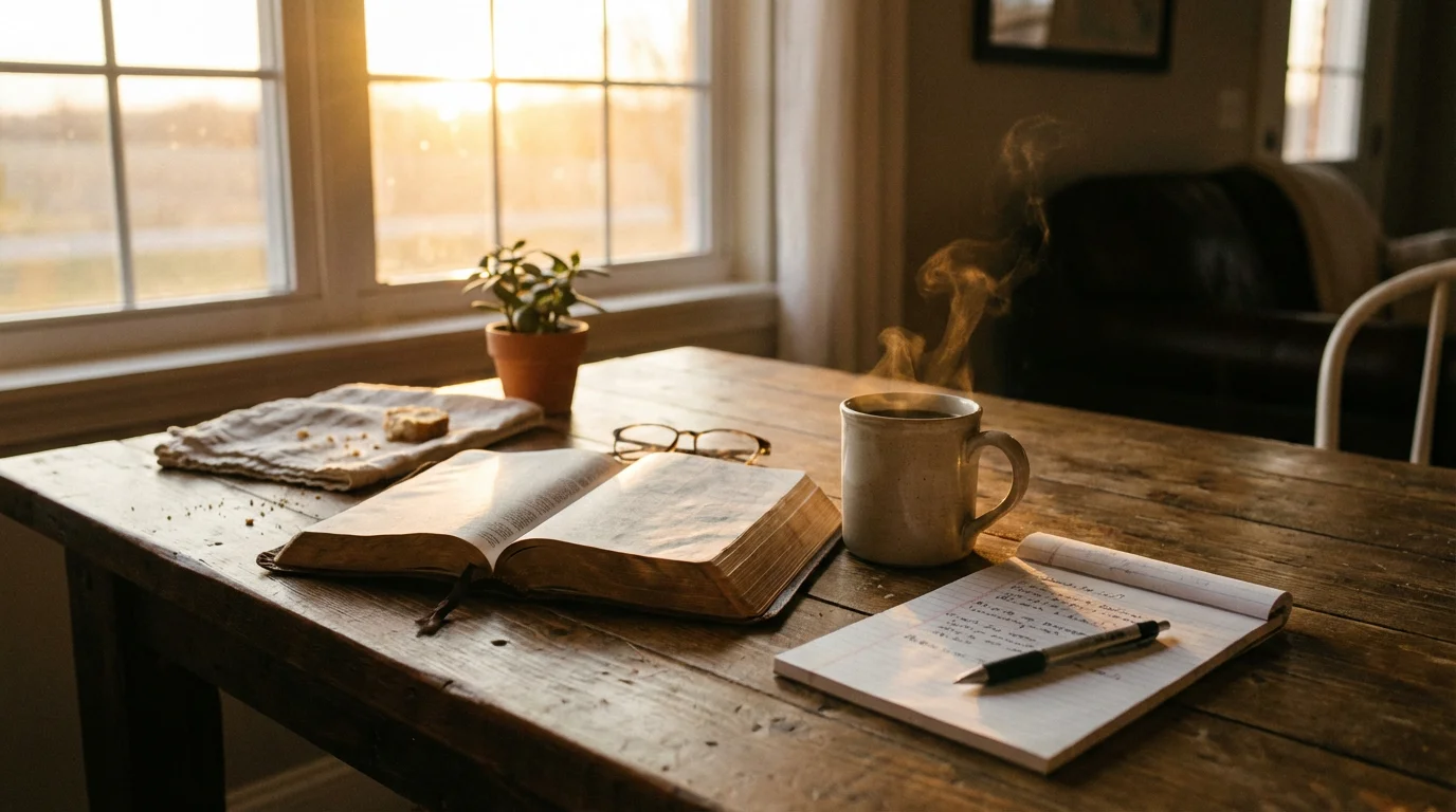A peaceful morning table with an open Bible, a mug, and a notepad by a sunlit window.
