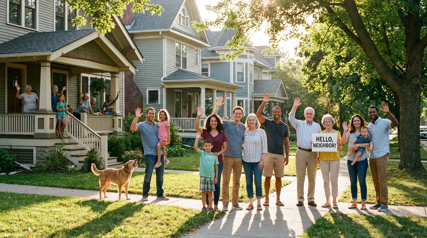 Neighbors exchange a warm wave on a sunlit street, conveying everyday kindness.