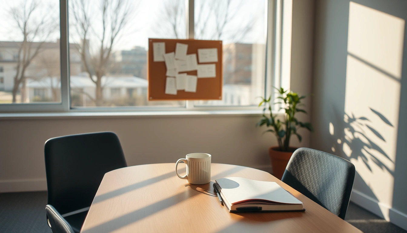 A peaceful office breakroom at sunrise with a notebook and mug on the table.
