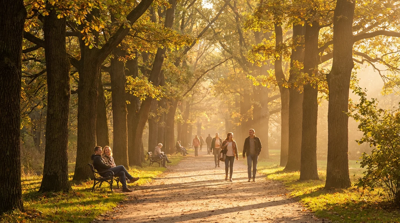 A tree-lined park path in warm light, suggesting a hopeful journey.