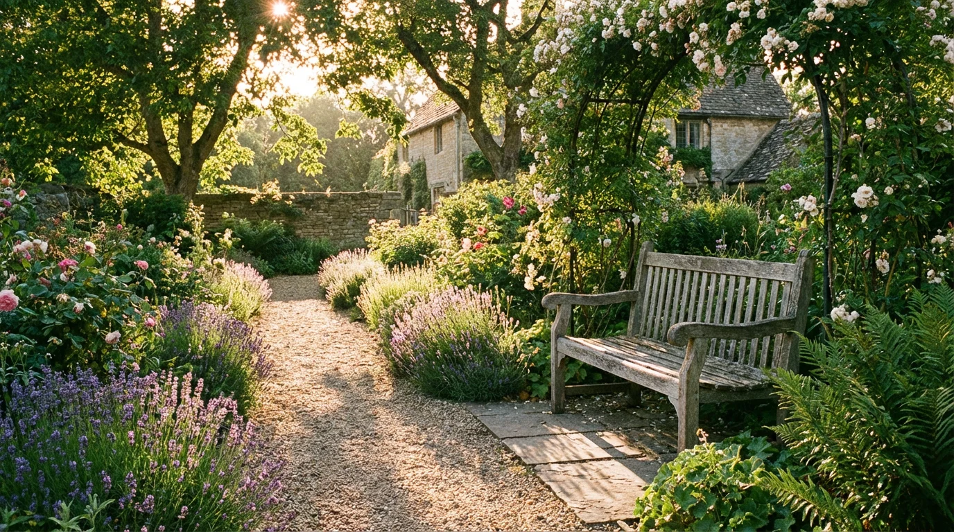 Sunlit garden path leading to a wooden bench, inviting a quiet pause.