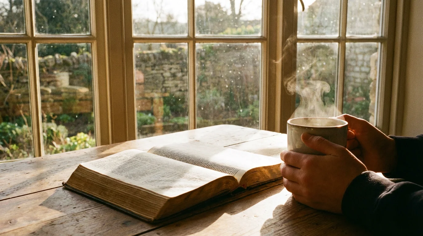 Open Bible by a sunlit window with a warm mug on a spring morning.