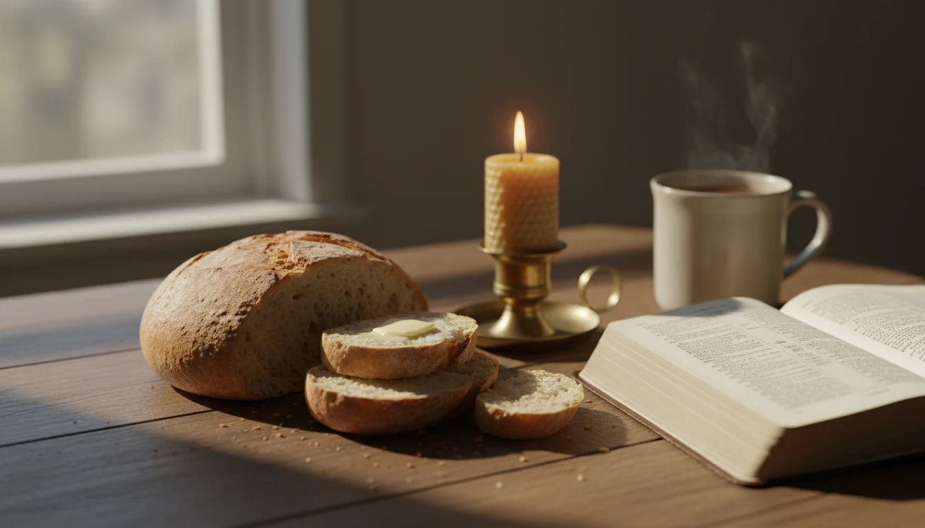 A calm table with a candle, bread, and an open Bible in warm afternoon light.