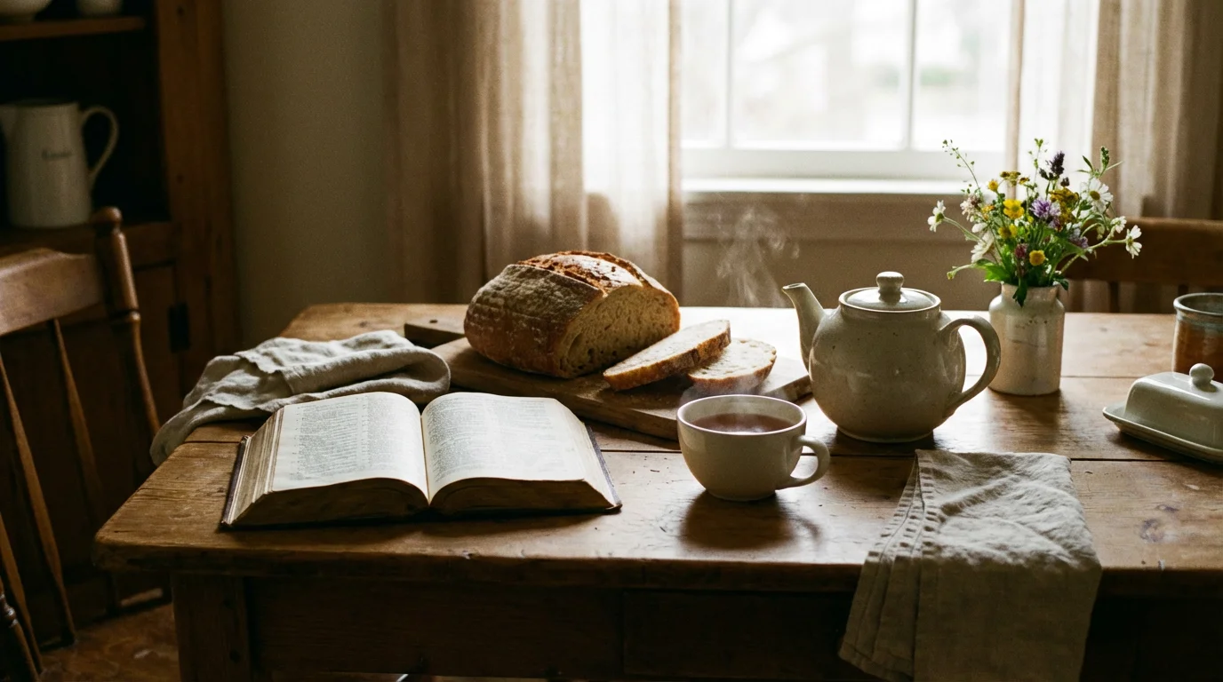 A quiet morning table with an open Bible, bread, and tea in soft light.
