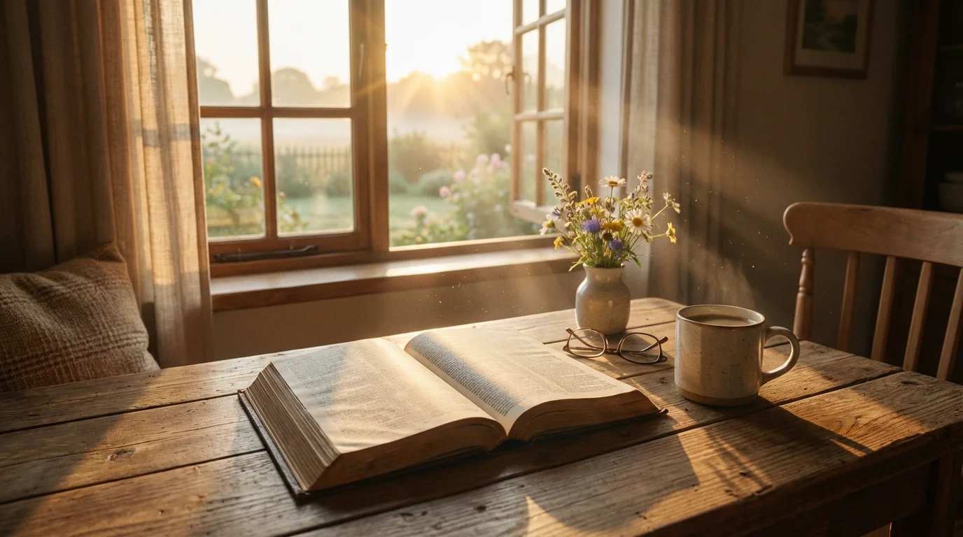 A peaceful morning scene with an open Bible and simple clothing in soft light.