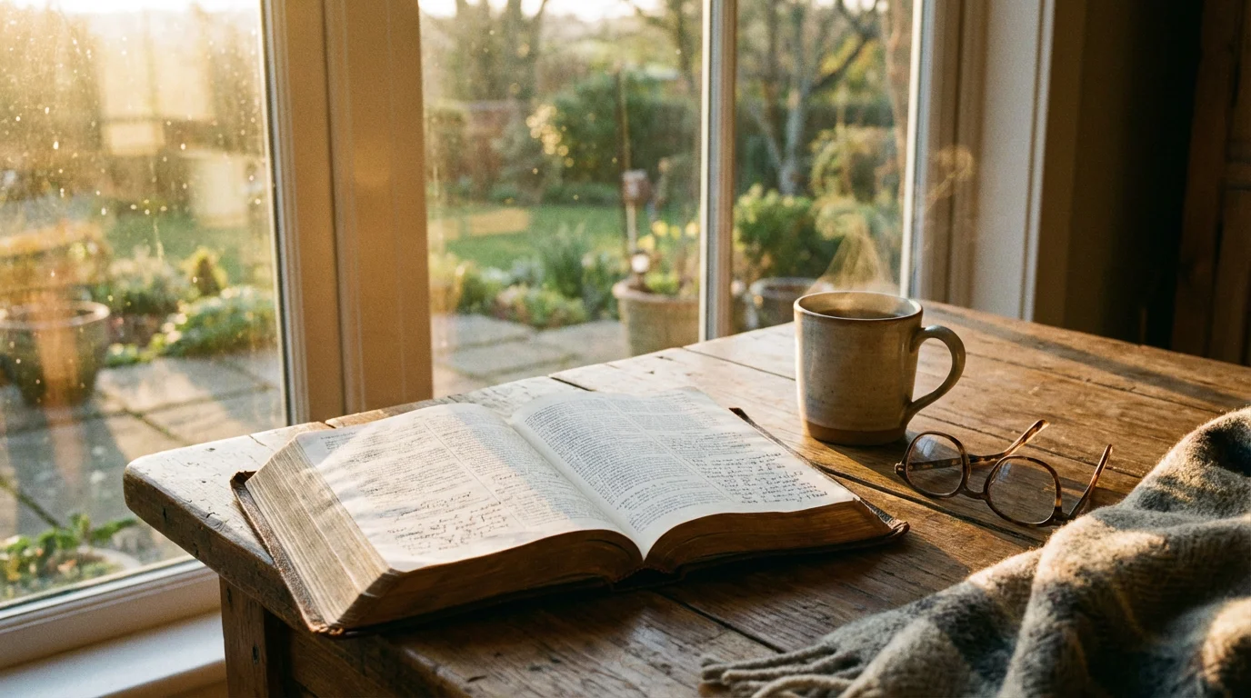 A quiet morning scene with an open Bible and a warm mug by a sunlit window.
