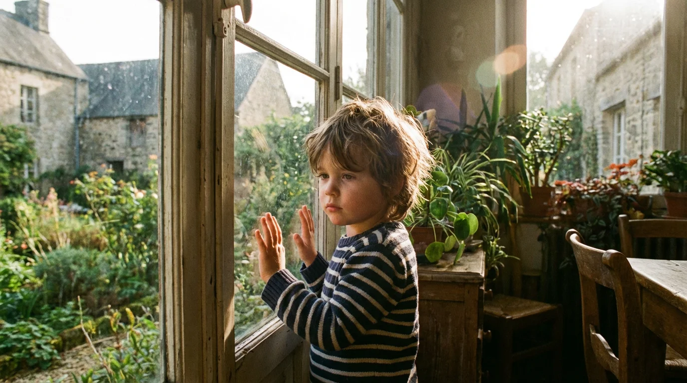 A child gazes out a sunlit window, quiet and hopeful.
