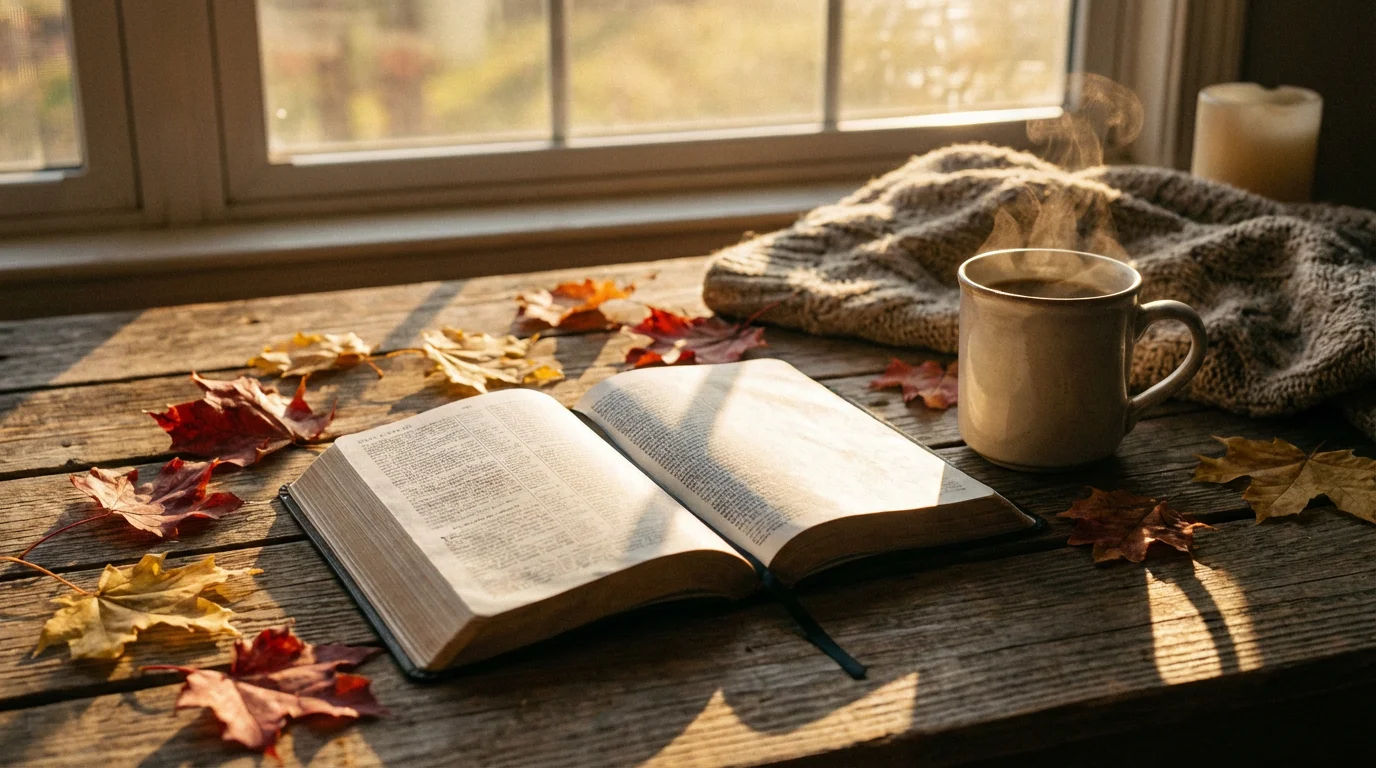 Open Bible on a sunlit table with autumn leaves and a warm mug.