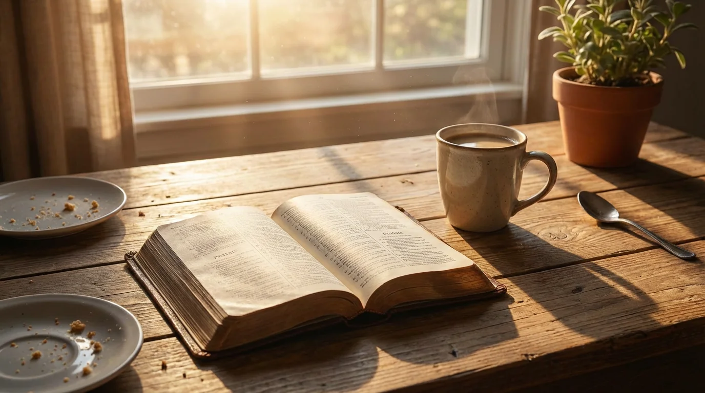 An open Bible and coffee on a sunlit table, ready for study.