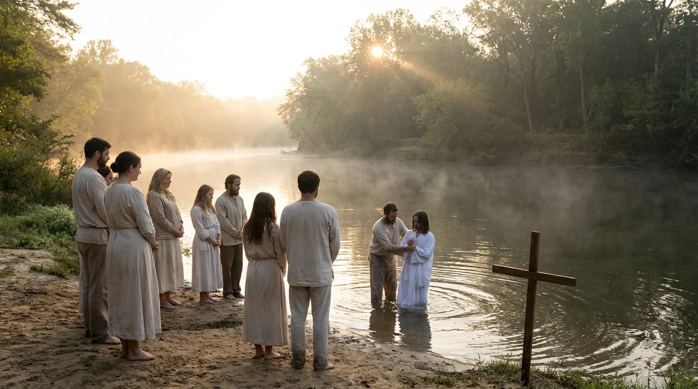 Peaceful sunrise by a river suggesting a baptism gathering.