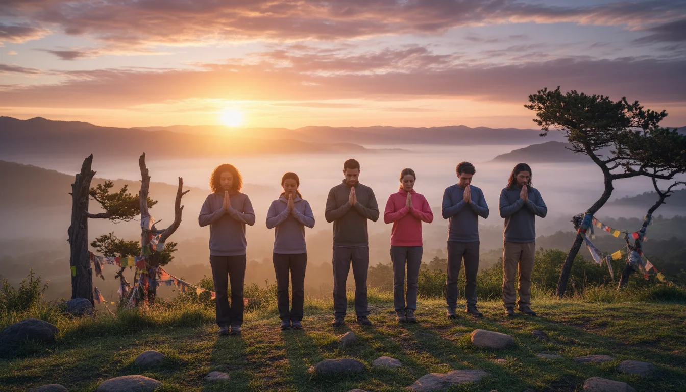 A small, diverse team pauses in prayer at sunrise before starting tech work.
