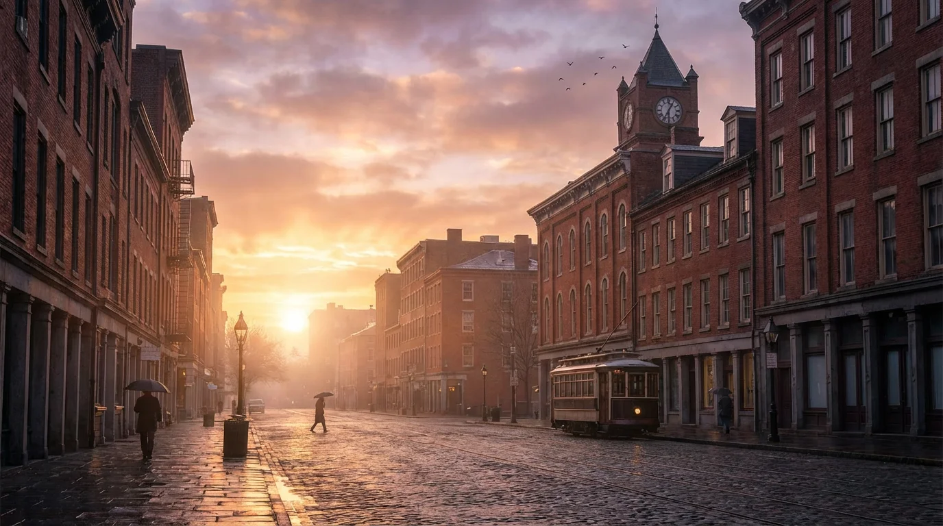 A calm sunrise over a city street, suggesting a hopeful new beginning.