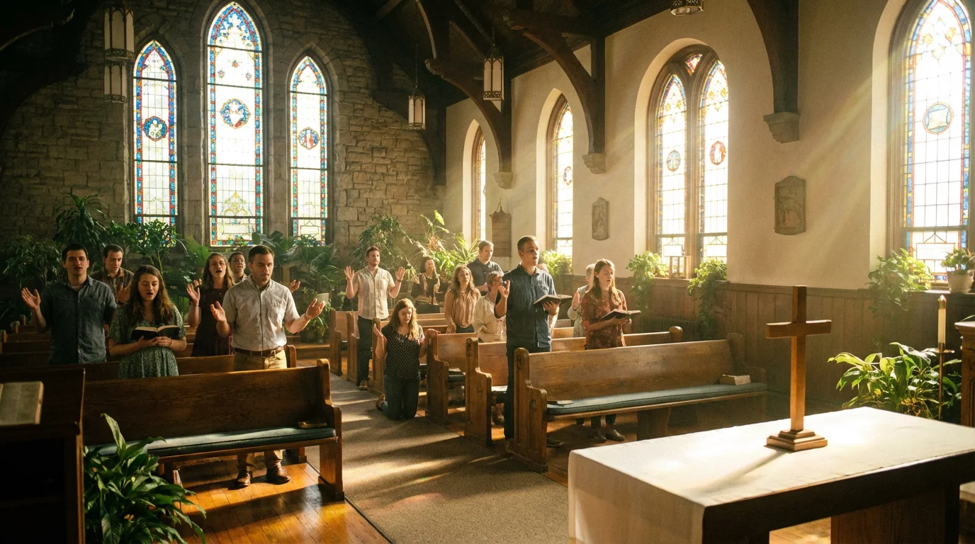A small congregation worships quietly in a sunlit sanctuary.
