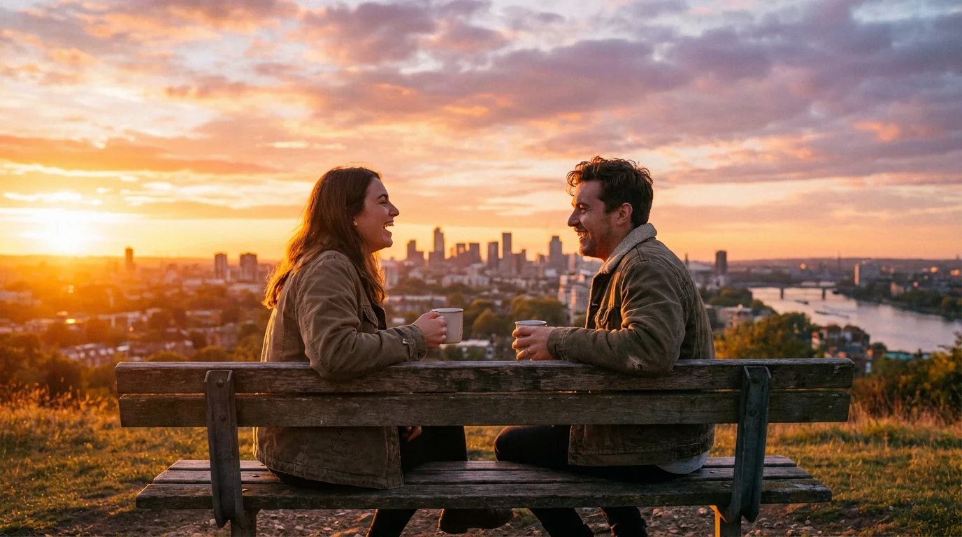Two friends talk kindly on a park bench at sunrise.