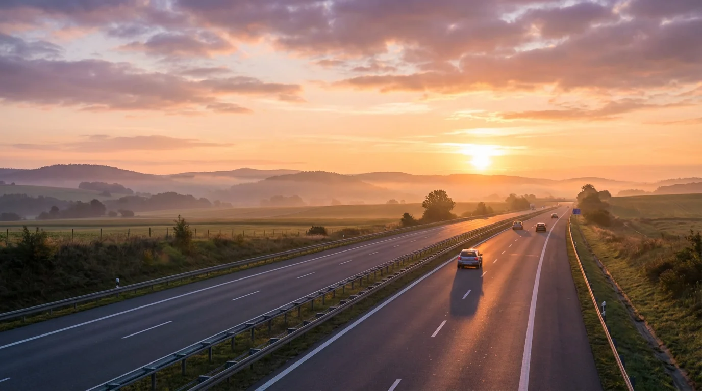A quiet sunrise over a safe, open highway suggesting a peaceful start to travel.