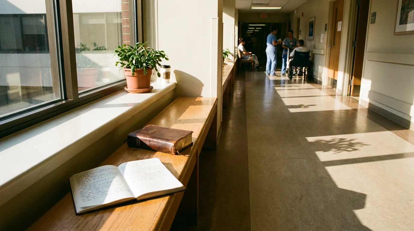 A sunlit hospital hallway at dawn with a Bible and notebook on a small table.