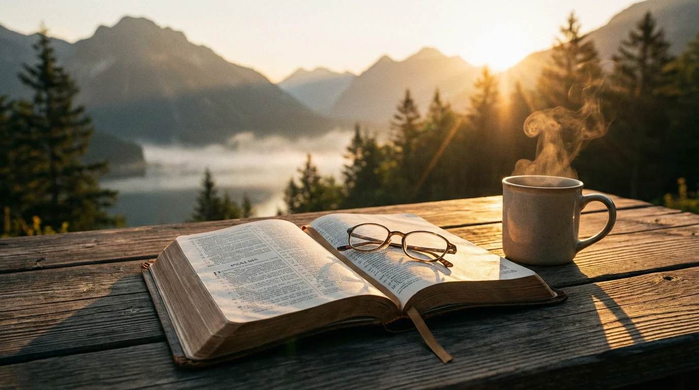 An open Bible and warm mug on a sunlit kitchen table at dawn.